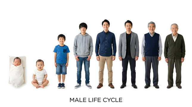 Male life cycle demonstration with seven stages of male aging from baby to elderly