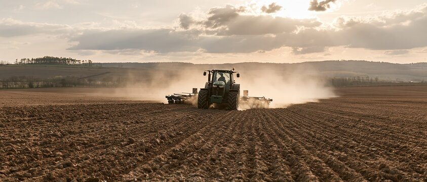 Dark green tractor pulling a cultivator across a freshly plowed field at dusk