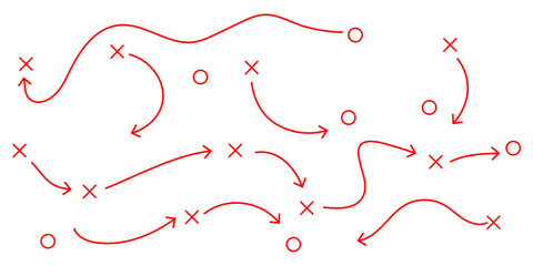 Obraz premium Red sports strategy diagram with arrows and icons, tactical game plan vector illustration, coaching playbook scheme for team competition