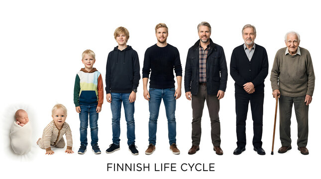The full life cycle of a Finnish man, from infant to elderly, shown in a line-up. The men are shown at different stages of life, from baby to old age