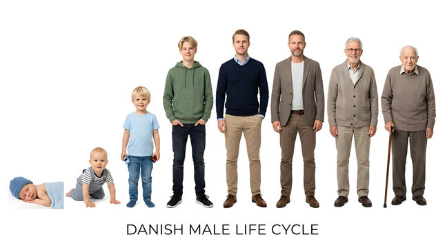 A visual representation of the Danish male life cycle, showcasing individuals from infancy to old age, highlighting the progression through different life stages