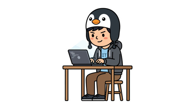 Cute Cartoon Programmer Character in Penguin Hat Working on Laptop Coding Vector Illustration