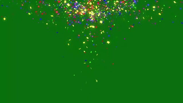 Super slow motion of flying coloured confetti isolated on green background. Confetti Party Popper Explosion Animation, Perfect For Compositing Into Your cgi Scene. 4K Slow motion