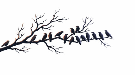 Obraz premium A flock of crows perched on bare tree branches against a white background