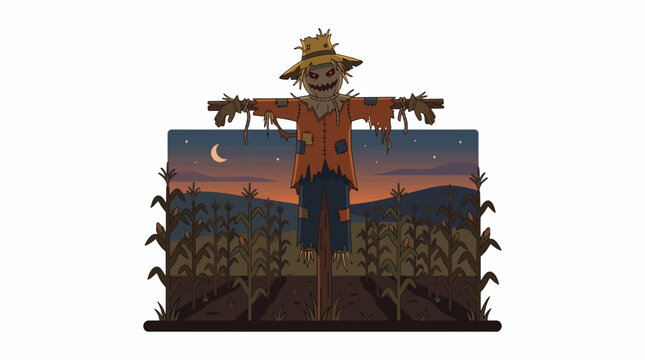 Spooky Scarecrow Standing Guard in a Cornfield at Dusk with a Crescent Moon in the Sky