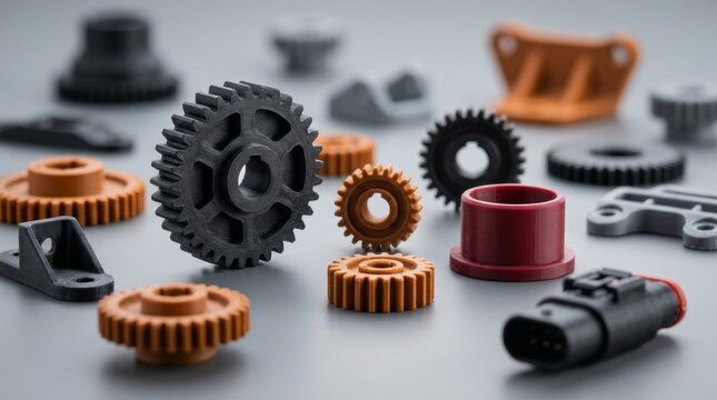3D printed automotive components including customized gears and brackets.