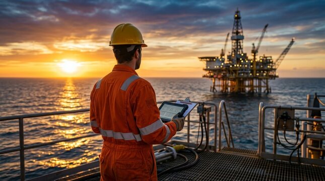 Petroleum engineers innovating oil and gas extraction methods at an offshore rig during sunset.