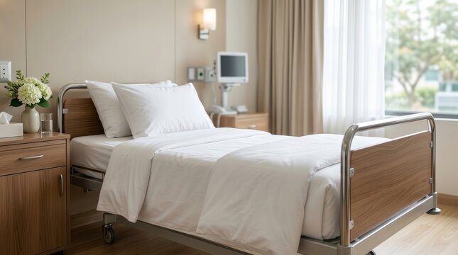 A clean hospital bed prepared with fresh white sheets and pillows in a serene medical facility.