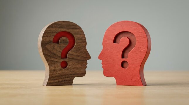 Two wooden head silhouettes facing each other representing open-mindedness and alternative viewpoints.