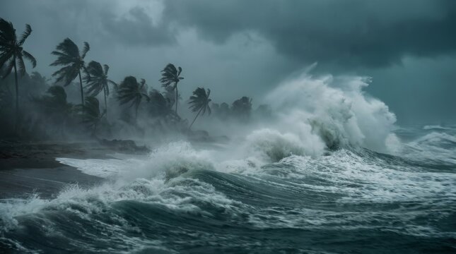 Powerful hurricane waves crashing onto a tropical shoreline during a storm.