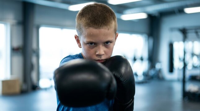 Determined young boy wearing boxing gloves practicing punches in a gym.