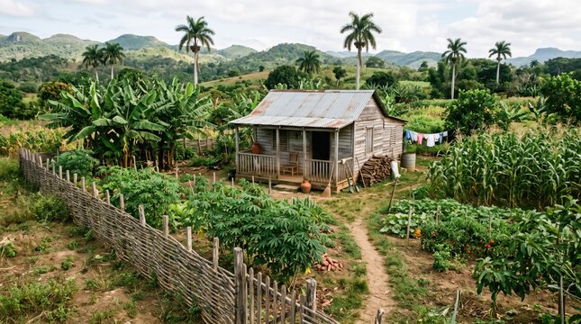 Traditional wooden farmhouse surrounded by a thriving vegetable garden and banana plantation in the serene cuban countryside