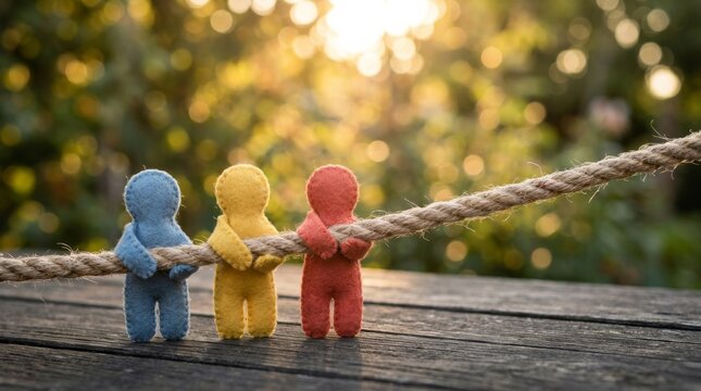 Three colorful figures holding onto a rope representing attachment theory and emotional connections.