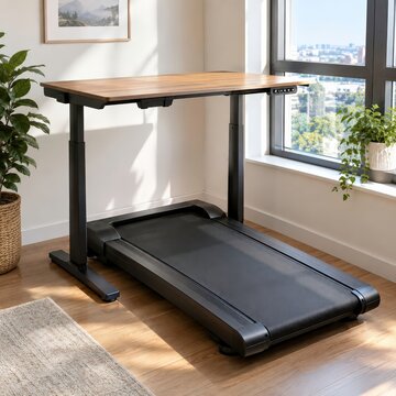 Treadmill desk standing unused in a bright corner beside a window with natural daylight