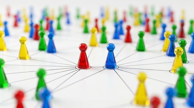Colorful game pieces connected by lines representing stakeholder management.