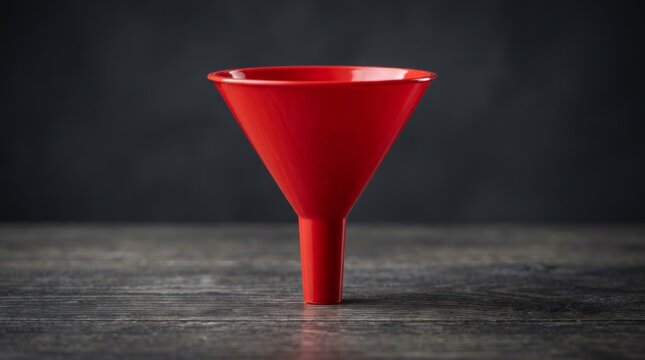 Red plastic funnel on a dark wooden surface.