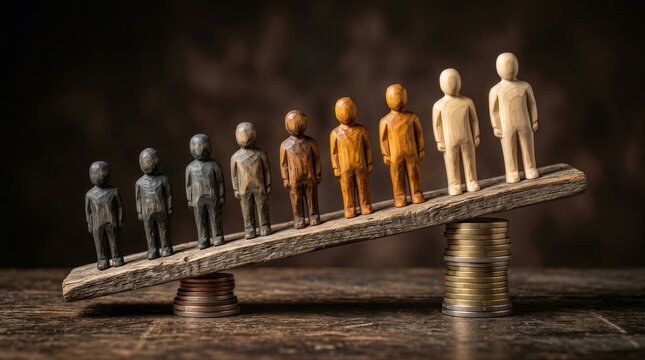 Concept of social inequality with wooden figures on a tilted scale of coins.