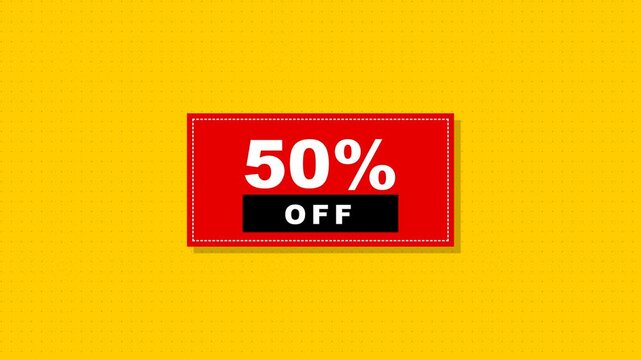 Sale sign displays fifty percent off against yellow dotted backdrop