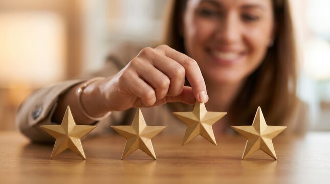 A woman's hand holding four golden stars to represent customer retention and loyalty.