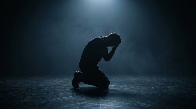 Depressed man sitting in darkness with hands on head expressing despair.