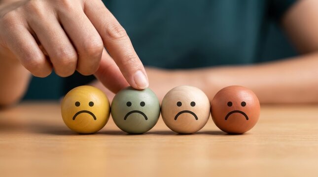 Wooden sad face icons representing low customer satisfaction and reputation damage.