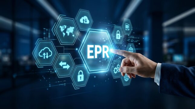 A business professional engages with interactive digital technology for the EPR concept.