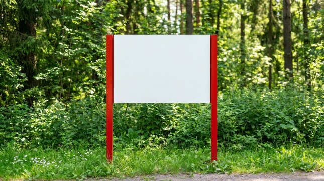 Blank white signboard with mockup space in a lush summer garden.