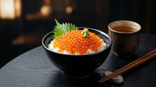 Japanese ikura don featuring vibrant salmon roe over rice with wasabi and shiso leaf.