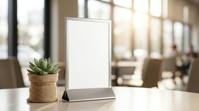 Blank white menu poster mockup standing on a cafe table indoors.