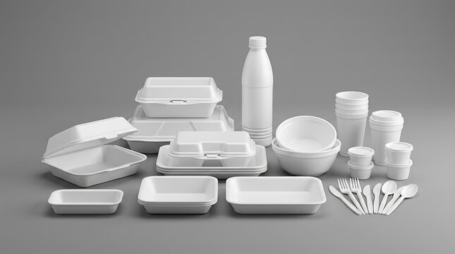 Various white polystyrene plastic items including rigid disposable containers and foam packaging.