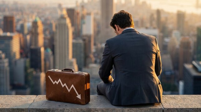 A businessman sits looking at the city skyline with a briefcase showing a declining trend.