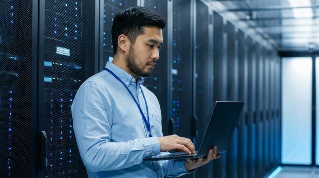 An Asian programmer typing on a laptop for network or server analytics in a data center.