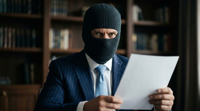 A criminal in a suit and mask holds a fake invoice for corporate email hijacking.