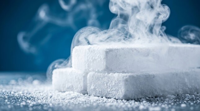 Solid carbon dioxide blocks of dry ice subliming with a foggy effect.
