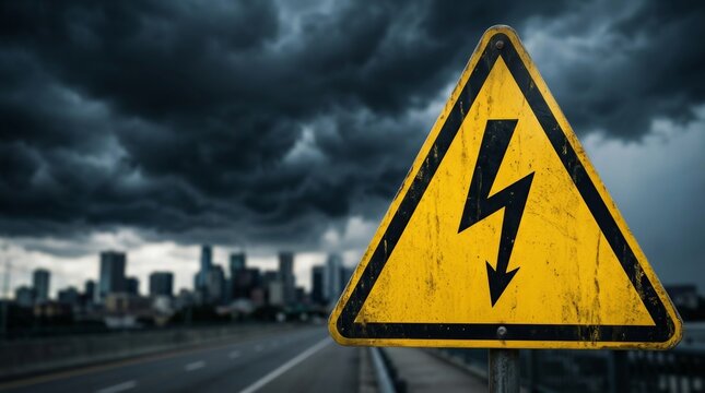 A yellow warning sign stands against a dark stormy sky as a looming hazard.