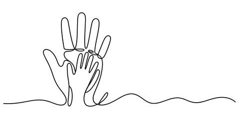 Continuous single line drawing of an adult hand holding a small baby hand showing love care and family connection concept isolated on transparent background © Coloring Pages Line 