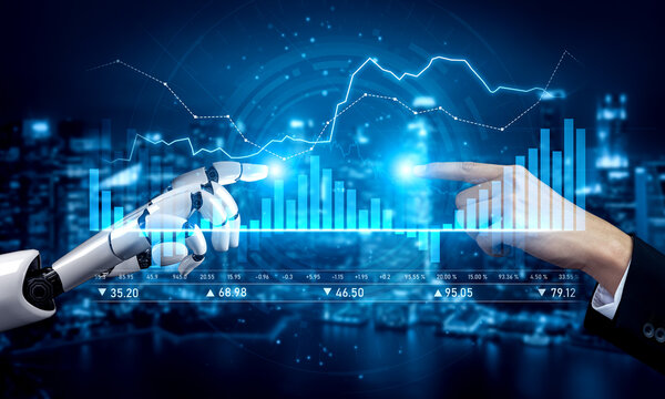 A futuristic scene depicting human and robot interaction focused on data analysis, showcasing technology visualization in a modern financial environment with dynamic graphs. Scalp