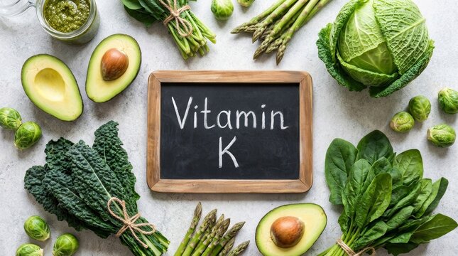 Vibrant flatlay of vitamin K rich foods with chalkboard labeling health benefits on a light background.