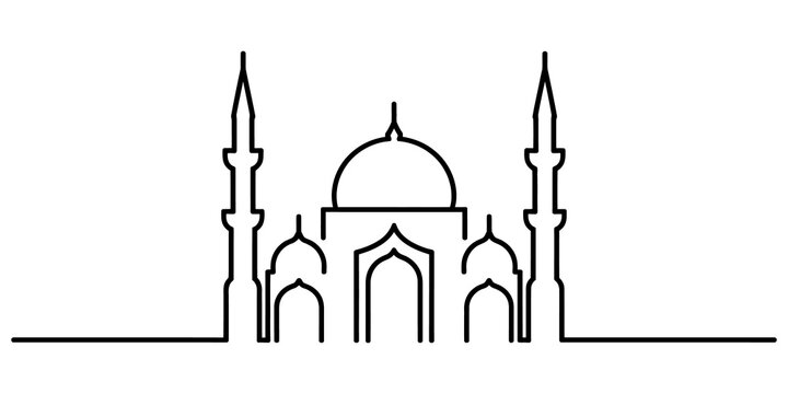 Minimalist continuous line drawing of a mosque with domes and tall minarets in a simple black and white vector art style isolated on transparent background