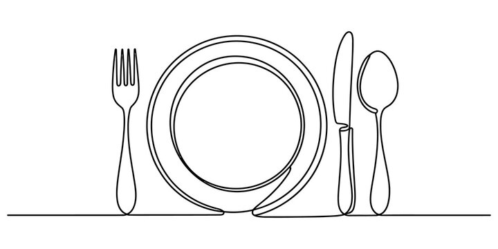 Continuous line drawing of a dinner plate with a fork a knife and a spoon arranged for a meal on a dining table setting isolated on transparent background