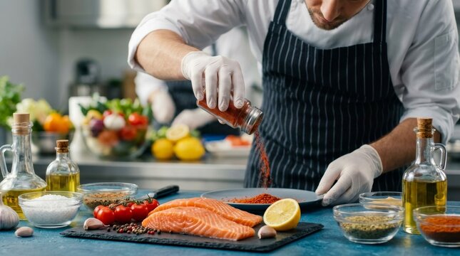 Professional chef performing food safety and quality control inspections with fresh ingredients.