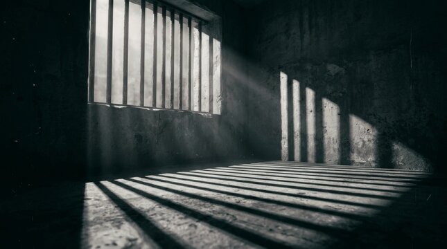 Dramatic shadows of iron bars cast through sunlight onto a concrete prison cell wall.