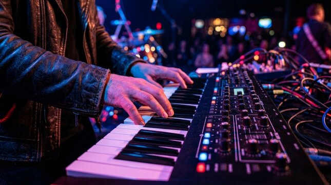 Musician's hands playing a keyboard synthesizer on a live concert stage.