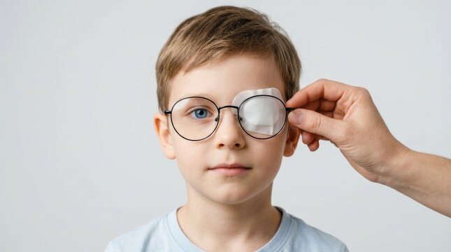 Young boy wearing glasses with an eye patch for amblyopia treatment.