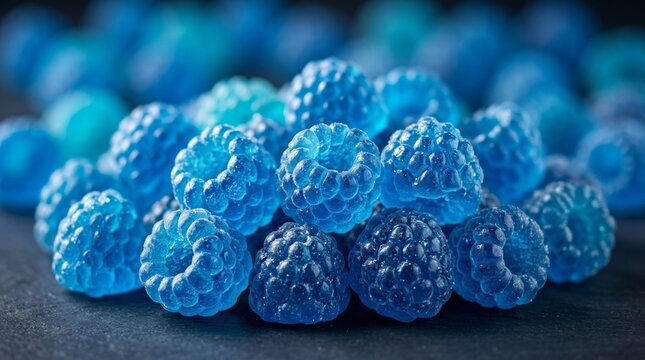Vibrant blue raspberry candies with a sweet and tart flavor profile.