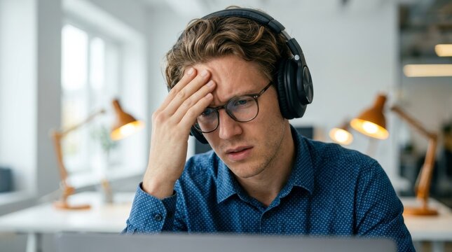 Frustrated man experiencing video call lag and internet interruptions during a digital meeting.
