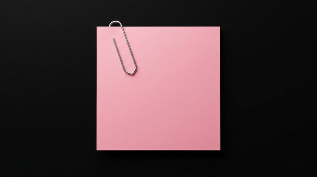 Pink square sticky note with a silver paperclip attached to the corner.