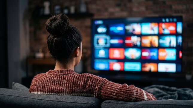A woman watching IPTV content through live and on-demand streaming on a large screen.
