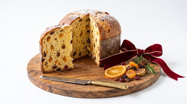 Festive Panettone Bread with Dried Fruits and Oranges on a Wooden Board with a Red Ribbon
