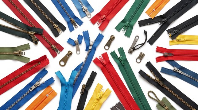 Colorful zips and zippers on white background